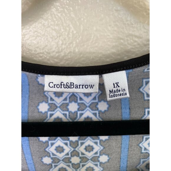 Croft & Barrow Womens 1X Blue Black 3/4 Sleeve Top Geometric Floral Polyester - Picture 4 of 7